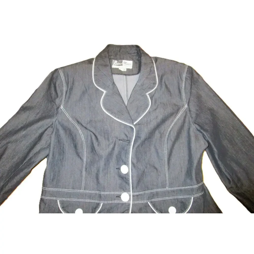 Ben Marc International Vintage Y2K Black Denim Blazer Women's Size 16 White Trim